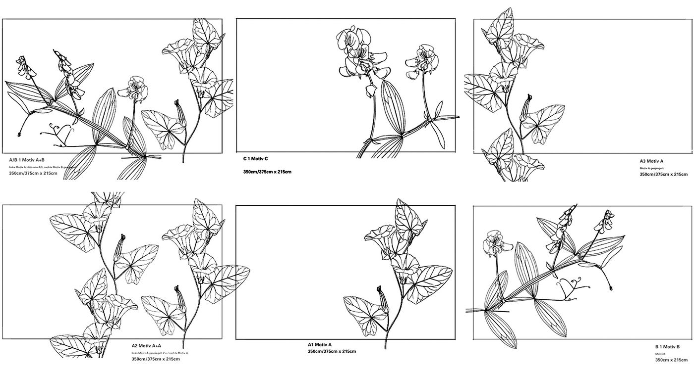 embroidered acoustic panel 6 sketches designed by Annette Douglas for Jacob Burckhardt House Basel