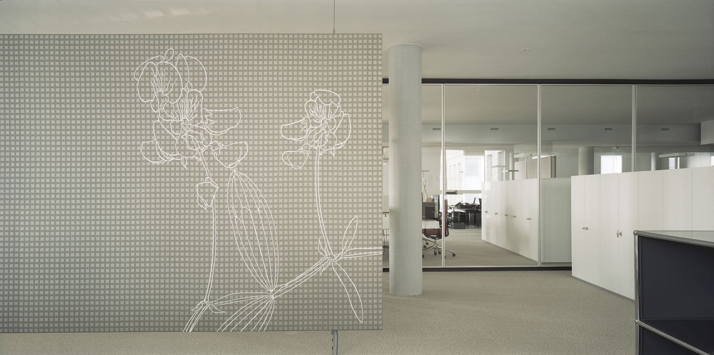 acoustic panel embroidered designed by Annette Douglas for Jacob Burckhardt House Basel